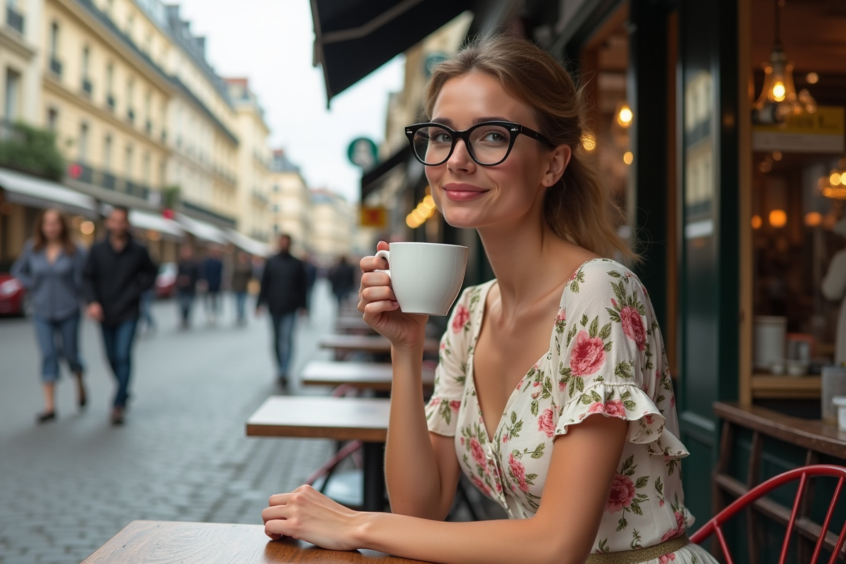 Femme élégante en robe florale vintage à Paris