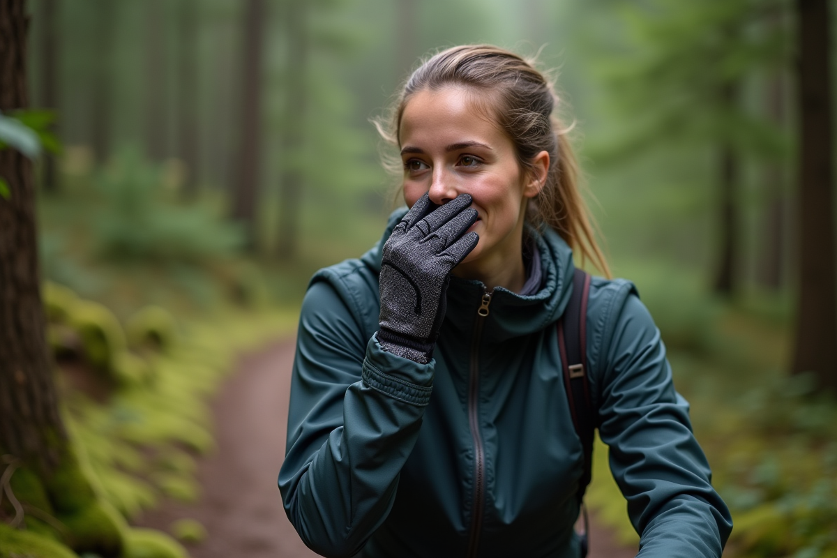 Jeune femme en VTT dans la forêt en train de se moucher avec son gant