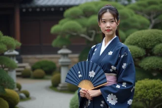 Jeune femme portant un yukata japonais traditionnel en indigo dans un jardin japonais zen, avec un obi noué correctement dans le dos