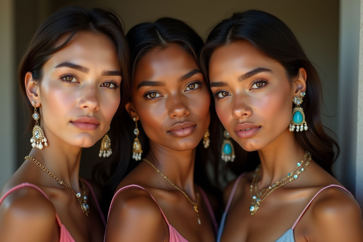 Trois femmes avec bijoux colorés et peaux variées en intérieur
