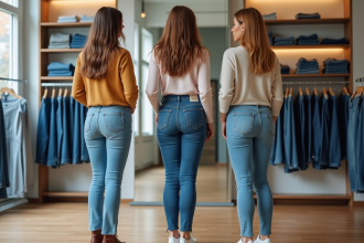 Trois femmes portant des jeans dans une boutique moderne