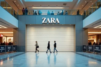 Devanture fermée d'un magasin Zara dans un centre commercial avec palissades de rénovation et passants curieux
