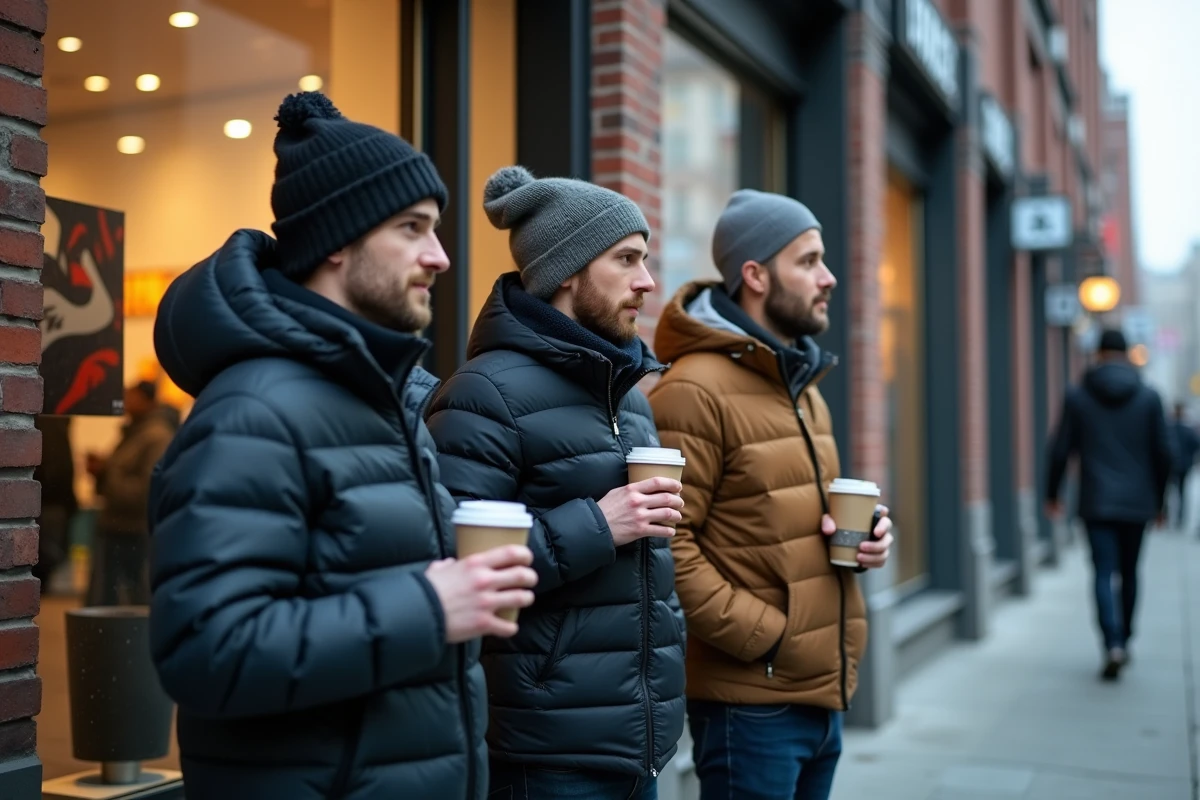 Groupe de jeunes en file d'attente devant un magasin de sneakers pour un drop limité en ville