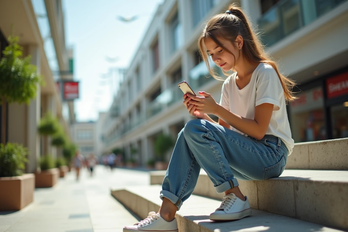 Adolescente en jeans baggy assise dans un centre commercial