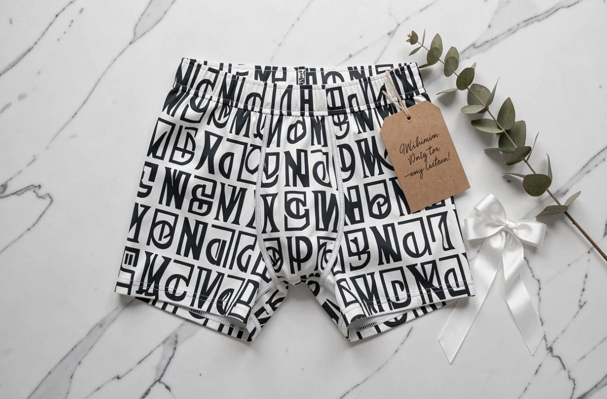 Flat lay élégant d'un boxer personnalisé avec monogramme sur marbre blanc, accompagné d'une étiquette cadeau kraft et d'eucalyptus séché