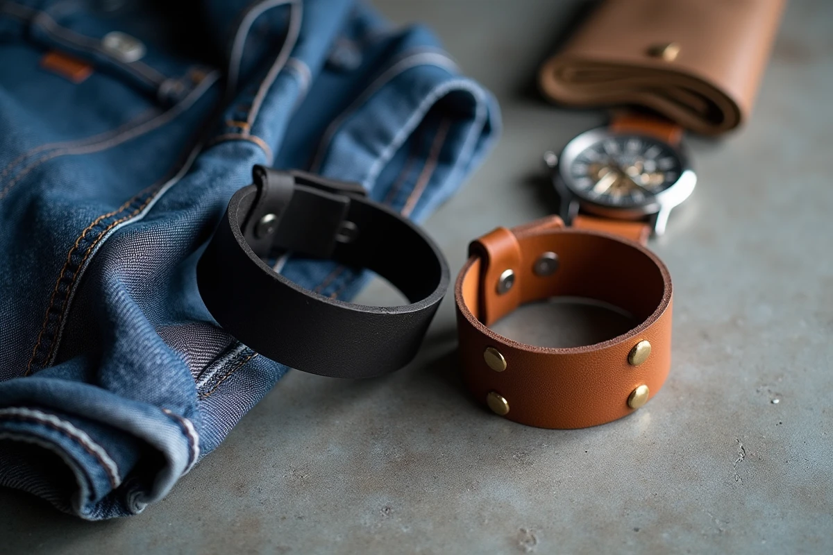 Flat lay de deux bracelets de force en cuir homme, modèles large et fin, posés sur béton avec montre vintage et veste en jean