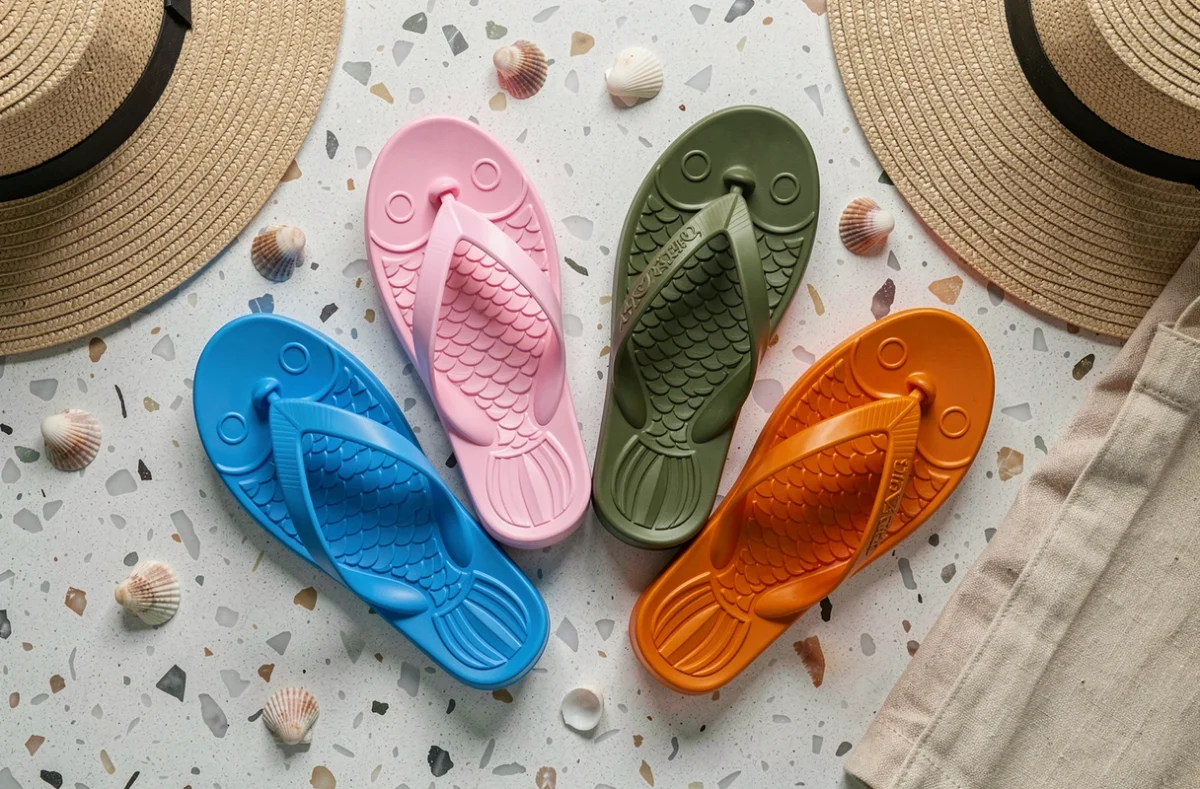 Flat-lay de plusieurs modèles de claquettes poisson colorées sur fond terrazzo, tendances accessoires été 2026