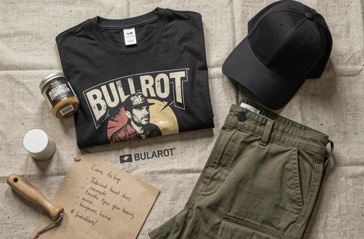 Flat lay de vêtements Bullrot soigneusement pliés avec accessoires d'entretien textile sur fond de lin brut
