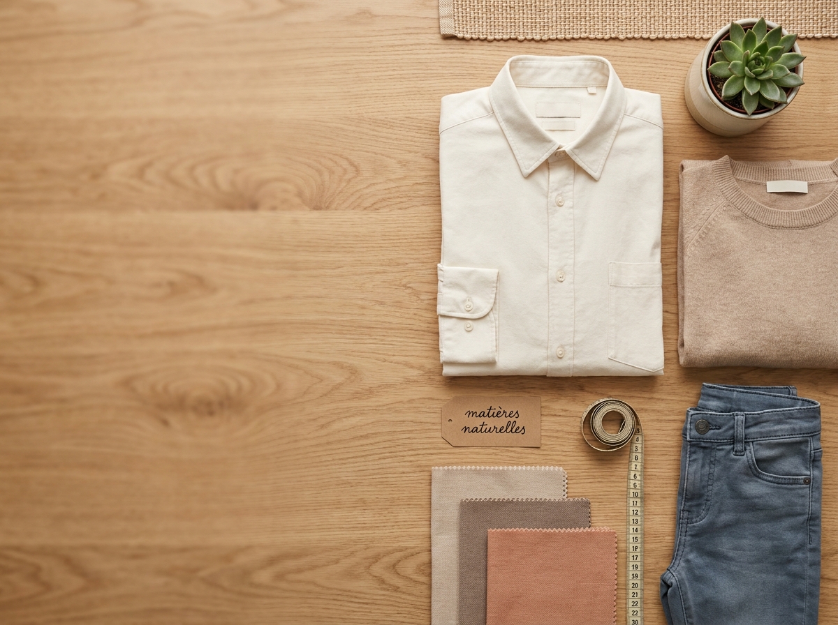 Flat lay de vêtements familiaux durables en matières naturelles arrangés sur une table en bois clair