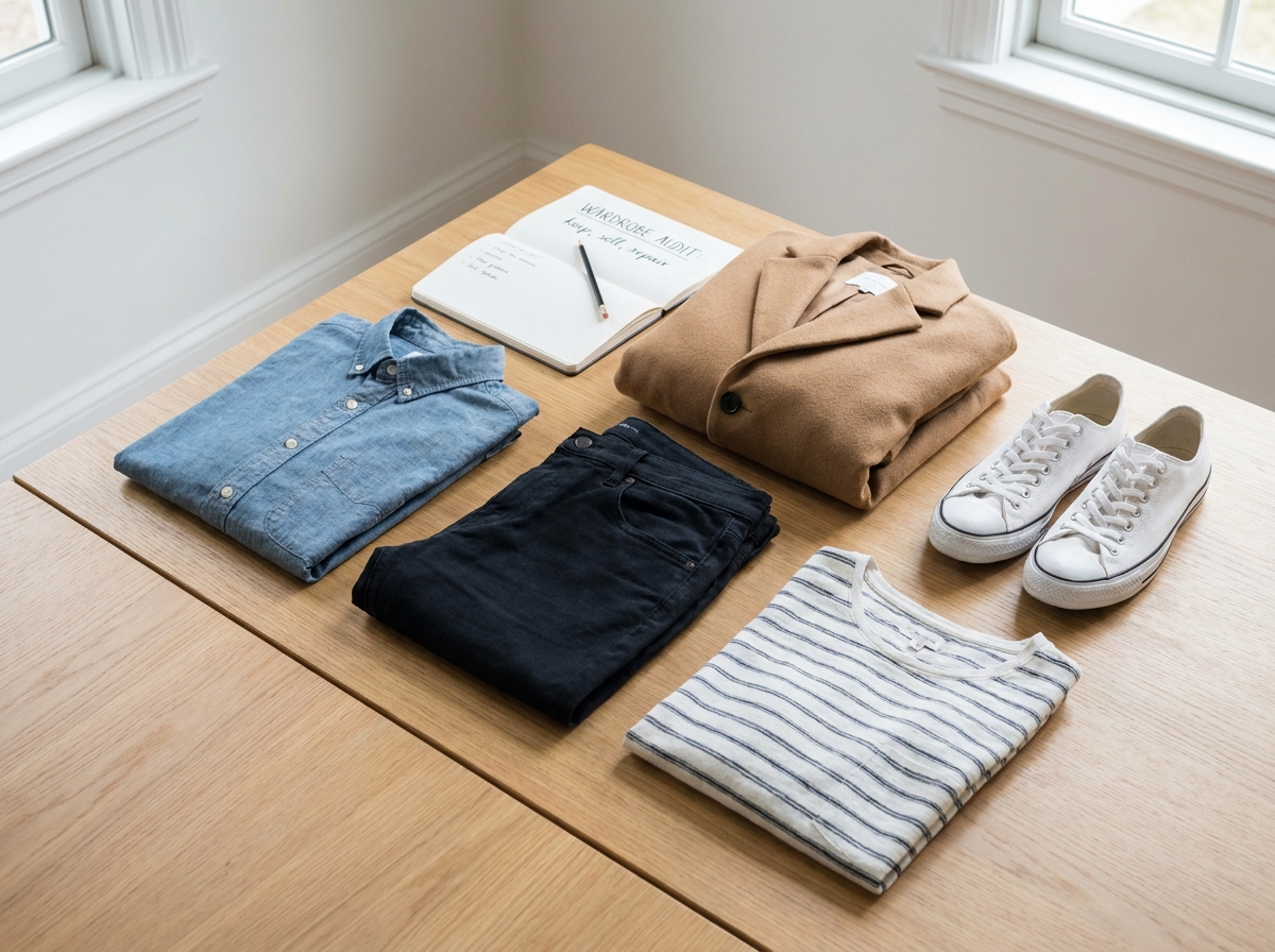 Flat lay de vêtements et carnet de notes sur une table en bois, illustrant un tri de garde-robe et une réflexion sur ses tenues essentielles