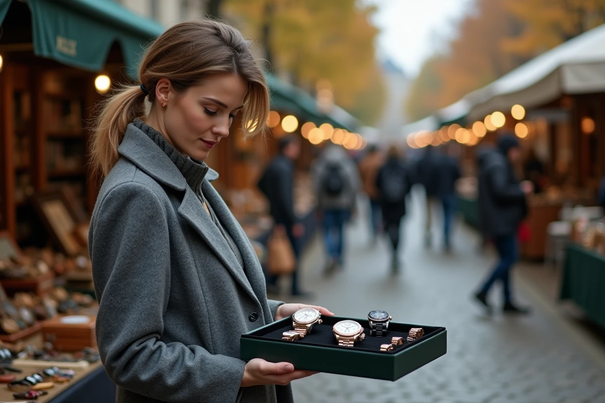 Femme inspectant des montres Rolex d'occasion sur un plateau de velours lors d'une foire horlogère en plein air