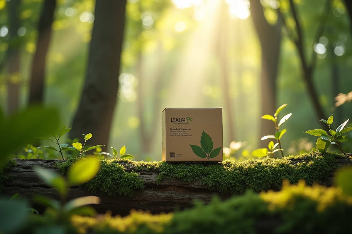 Forêt luxuriante avec emballages écologiques sur un tronc de mousse