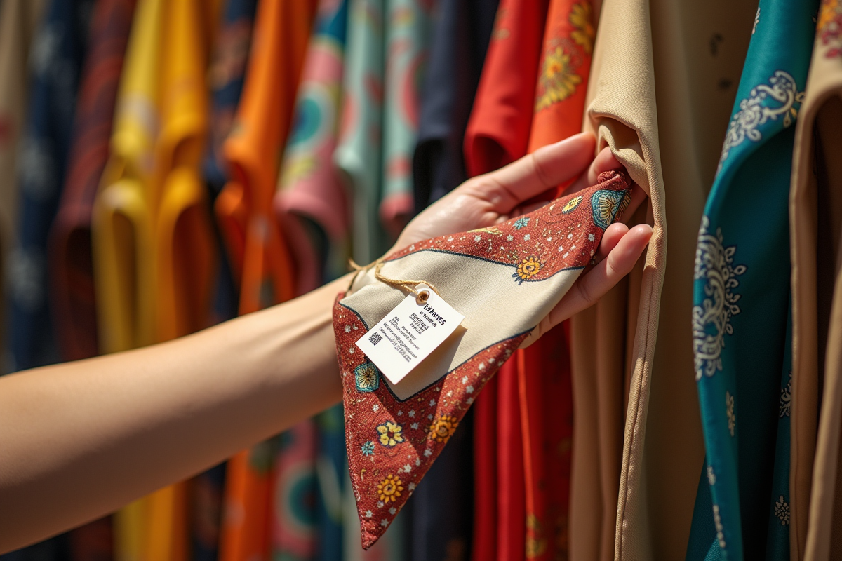 Main tenant un foulard Hermès avec étiquette de réduction