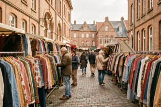 Rue commerçante du Nord de la France avec des friperies vintage et des clients qui fouillent des vêtements rétro sur des portants extérieurs