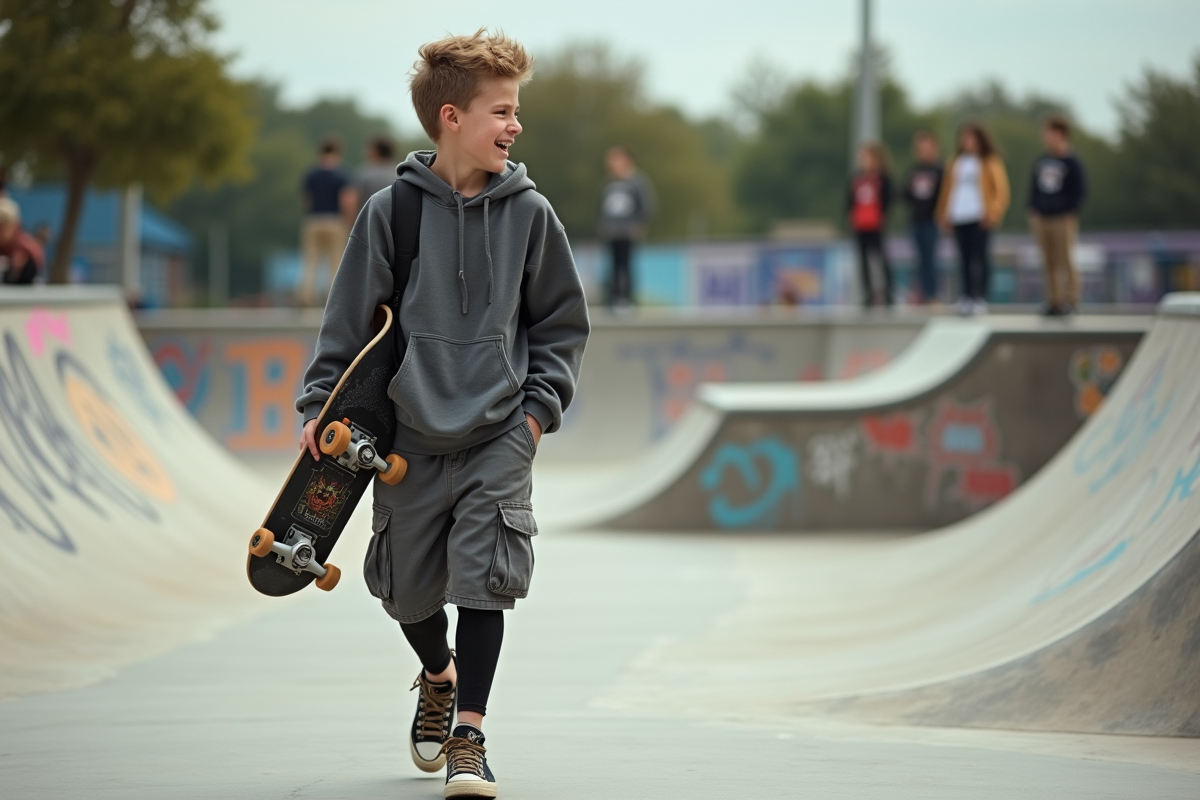 Garçon en streetwear avec skateboard dans skatepark