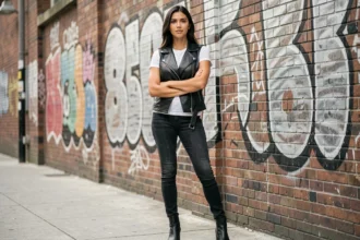 Femme portant un gilet biker en cuir noir sur un t-shirt blanc, attitude confiante devant un mur de briques urbain