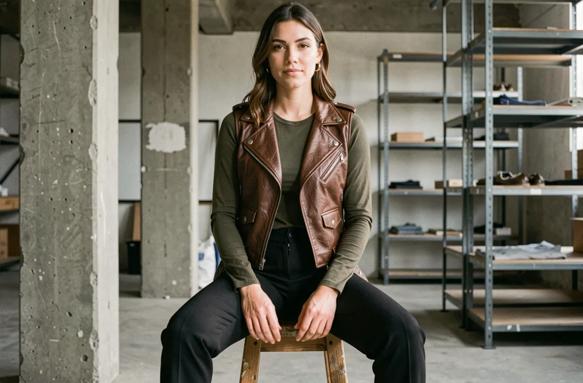 Femme assise en gilet biker cuir vintage marron dans un loft industriel, look élégant et décontracté