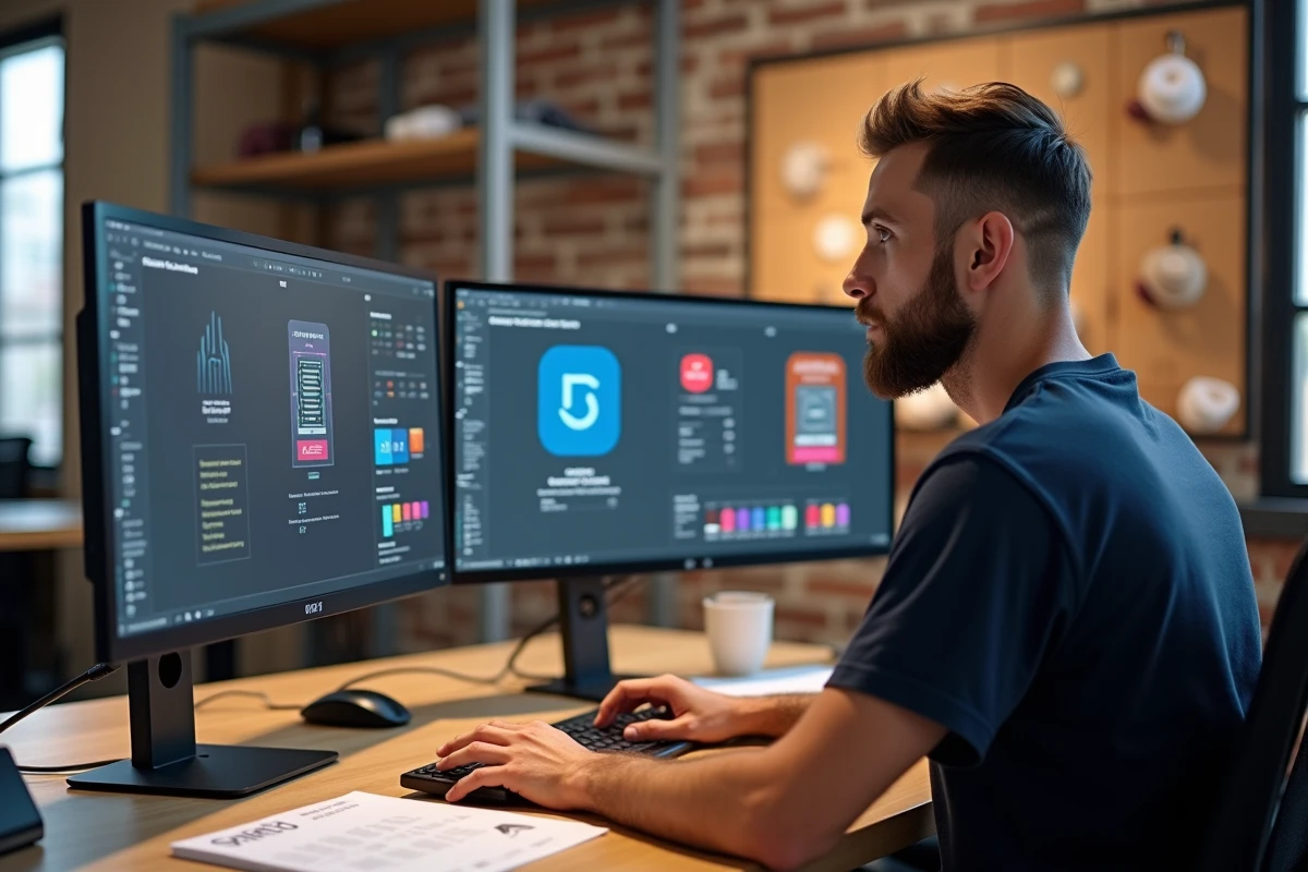 Graphiste travaillant sur le redesign d'un logo de marque de vêtements pour repositionnement haut de gamme dans un loft créatif