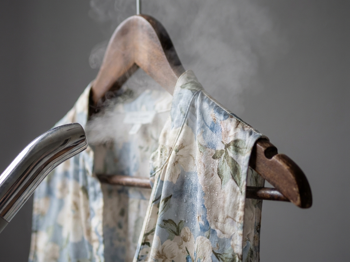 Gros plan d'un défroisseur vapeur sur une blouse en soie florale, mettant en valeur la texture du tissu et la vapeur fine