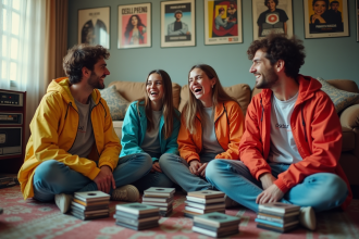 Groupe de jeunes adultes en 90s riant dans un salon vintage