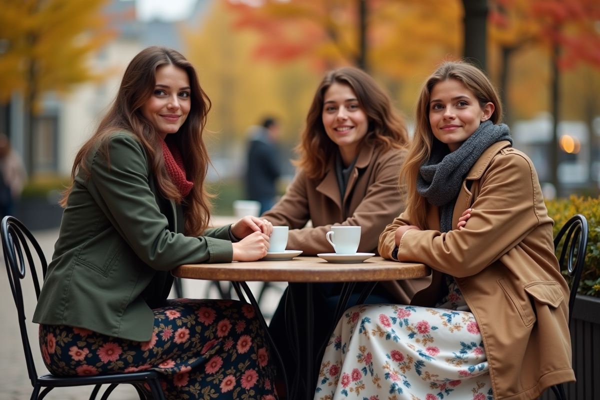 Groupe d amis au café en automne avec feuilles rouges