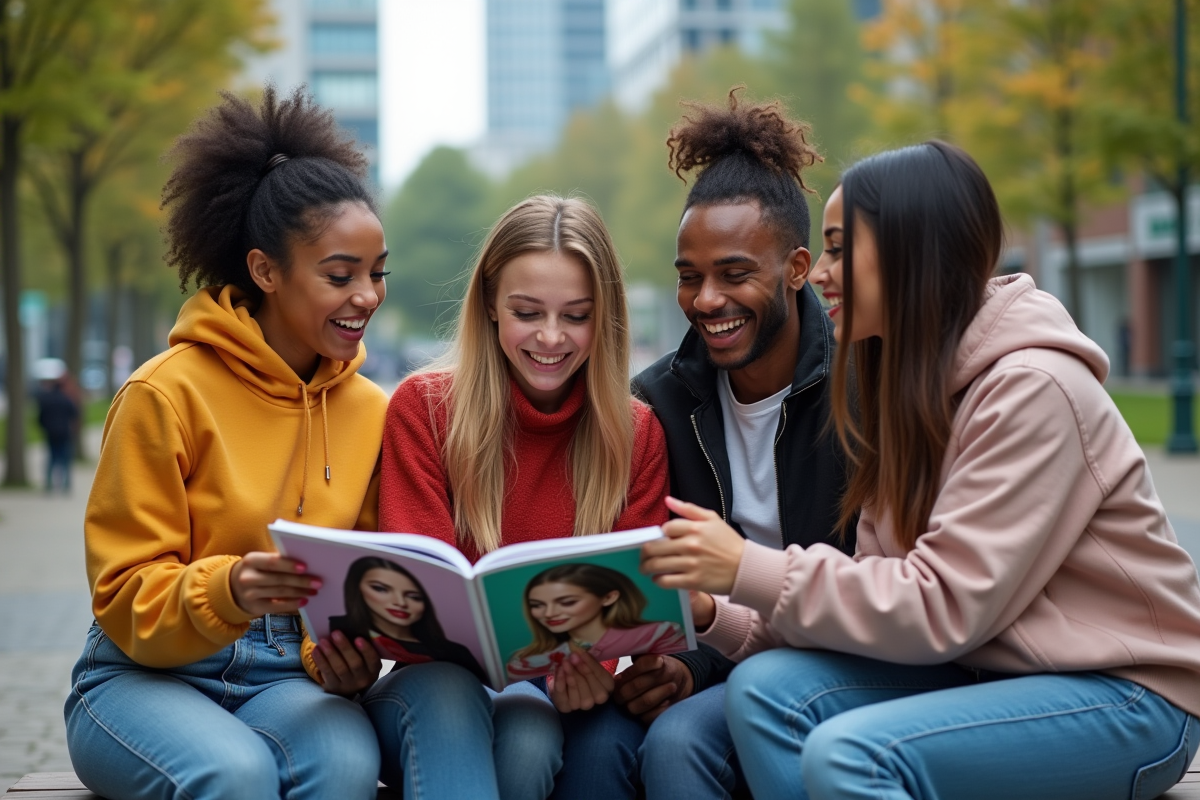 Groupe de jeunes discutant mode en plein air