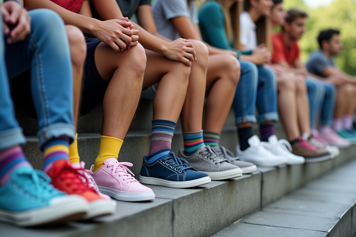 Groupe de jeunes adultes avec chaussettes colorées sur les escaliers