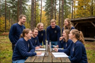 Groupe de jeunes professionnels portant des sweats personnalisés assortis lors d'un week-end d'intégration en forêt