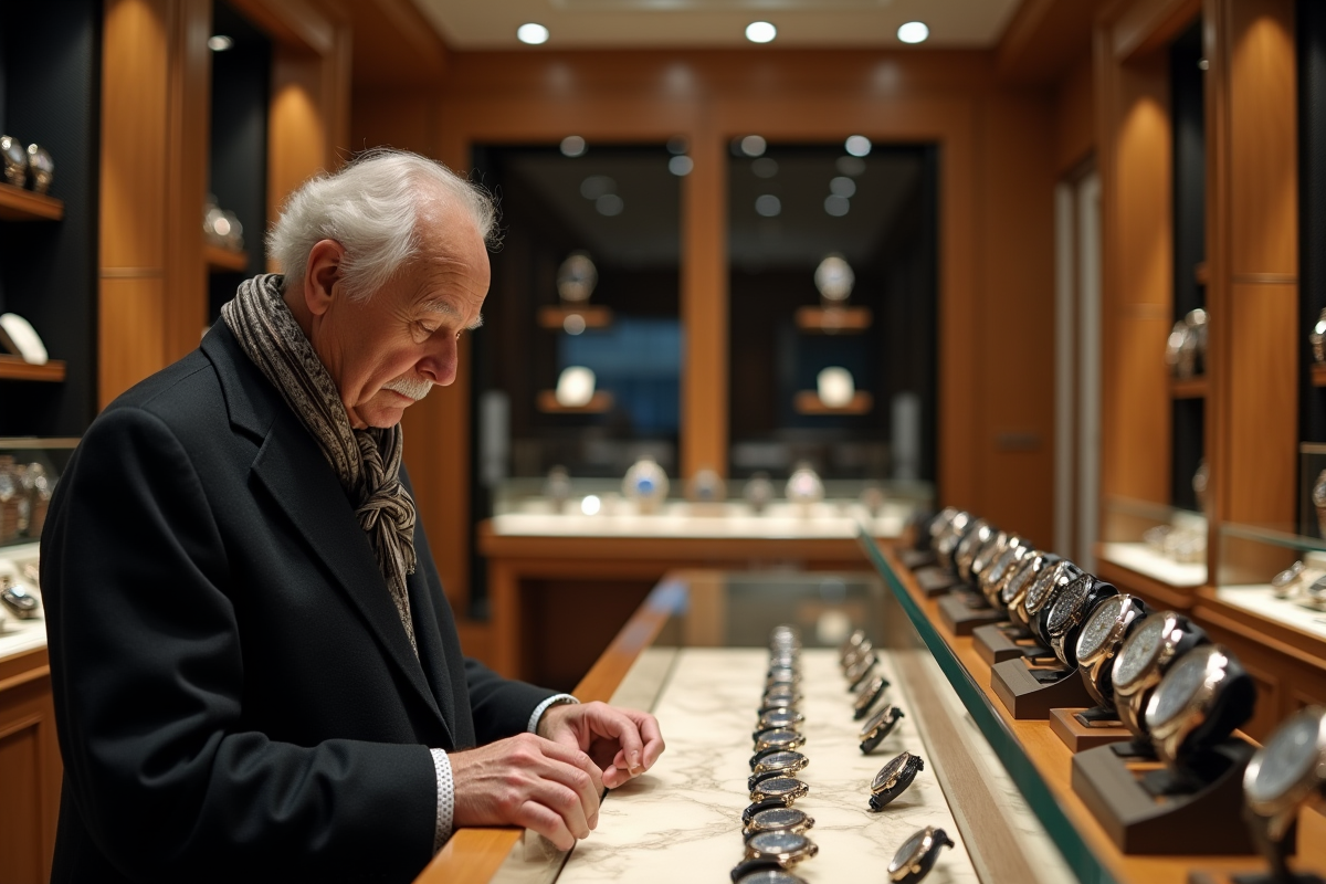 Homme d age cherchant une montre dans une boutique élégante