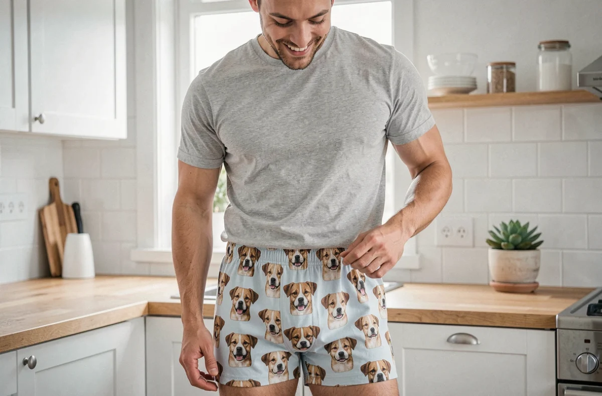 Homme souriant dans une cuisine scandinave portant un boxer personnalisé avec motif chien drôle