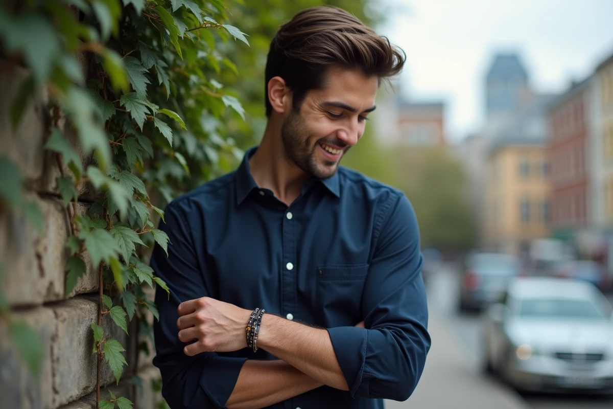 Homme ajustant bracelets en extérieur urbain