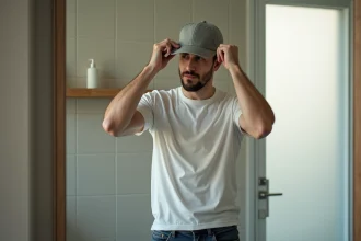 Homme ajustant une casquette trop grande devant un miroir de salle de bain, illustrant une erreur courante de taille de casquette