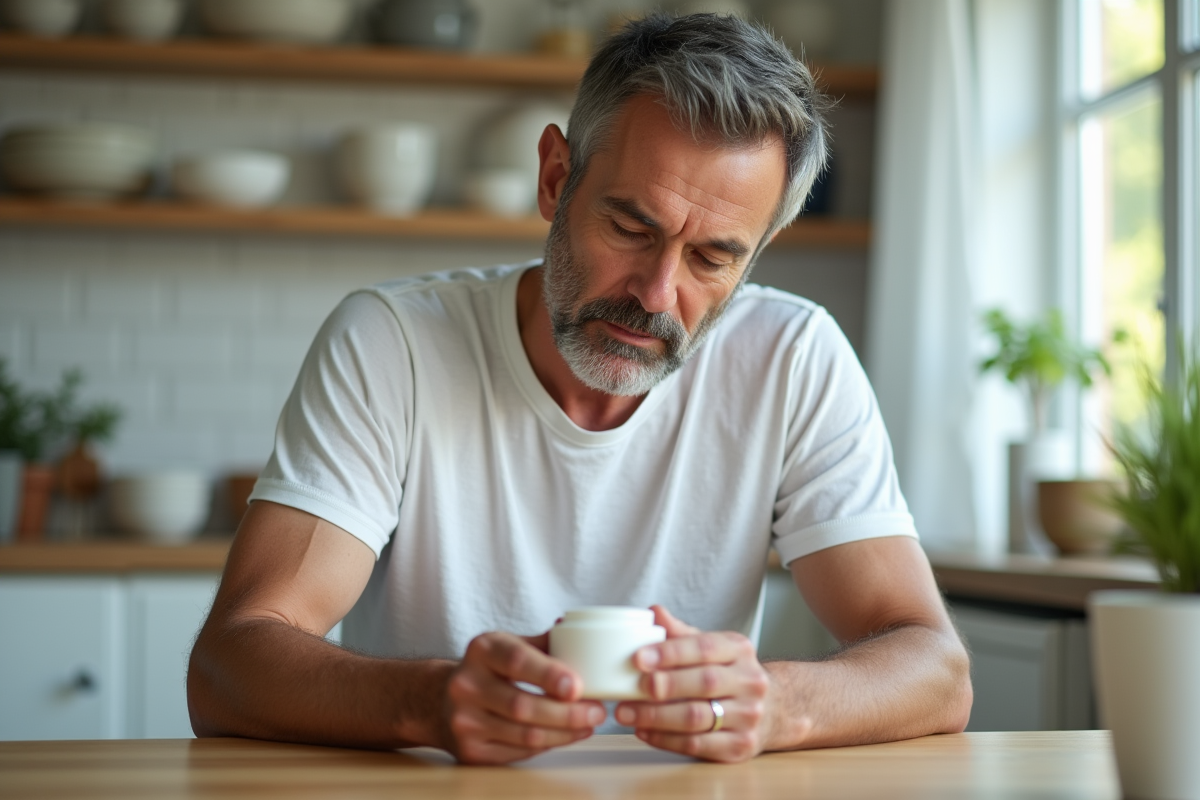 Homme examinant crème visage dans une cuisine lumineuse