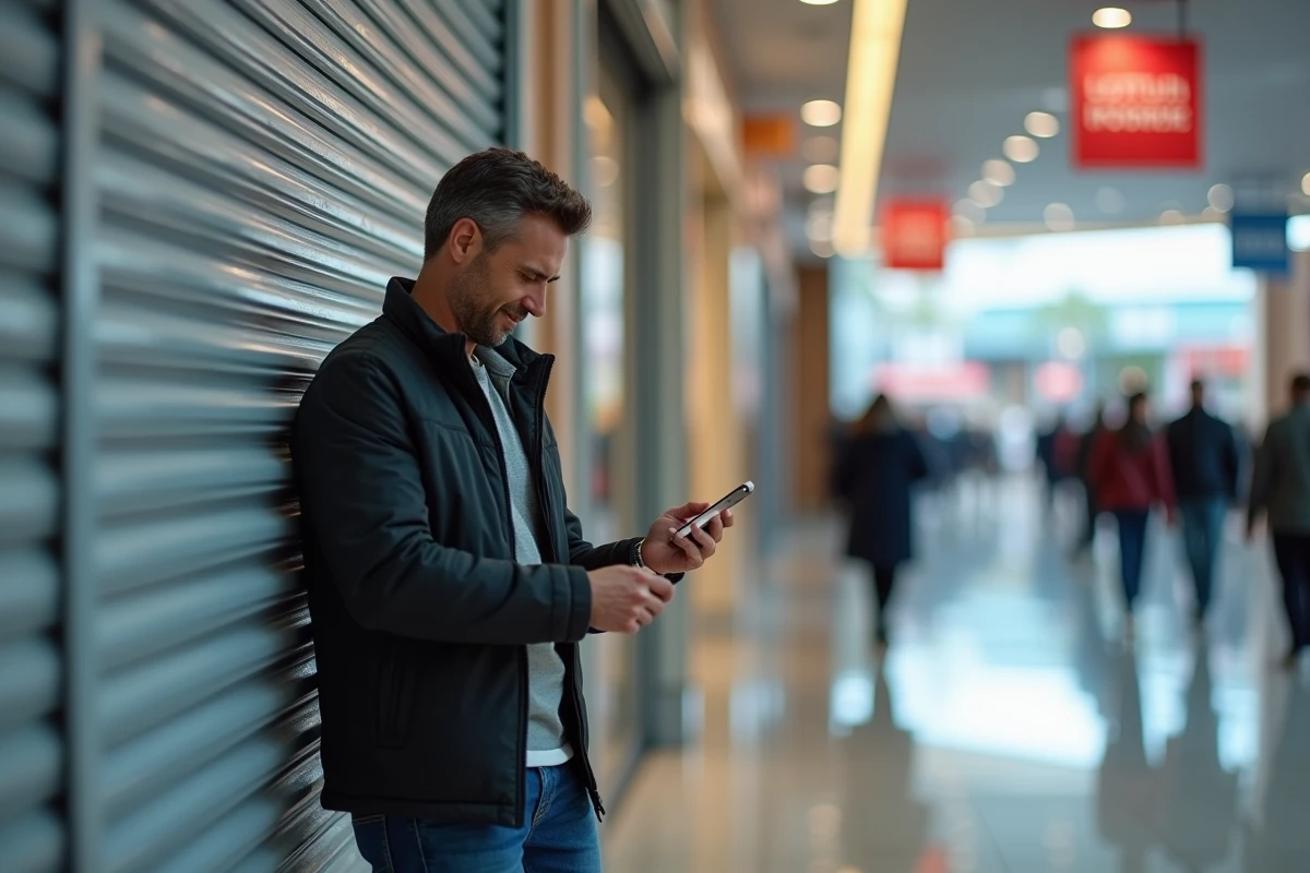 Homme déçu devant un magasin fermé au centre commercial Macarthur Miramas consultant son téléphone pour vérifier les horaires
