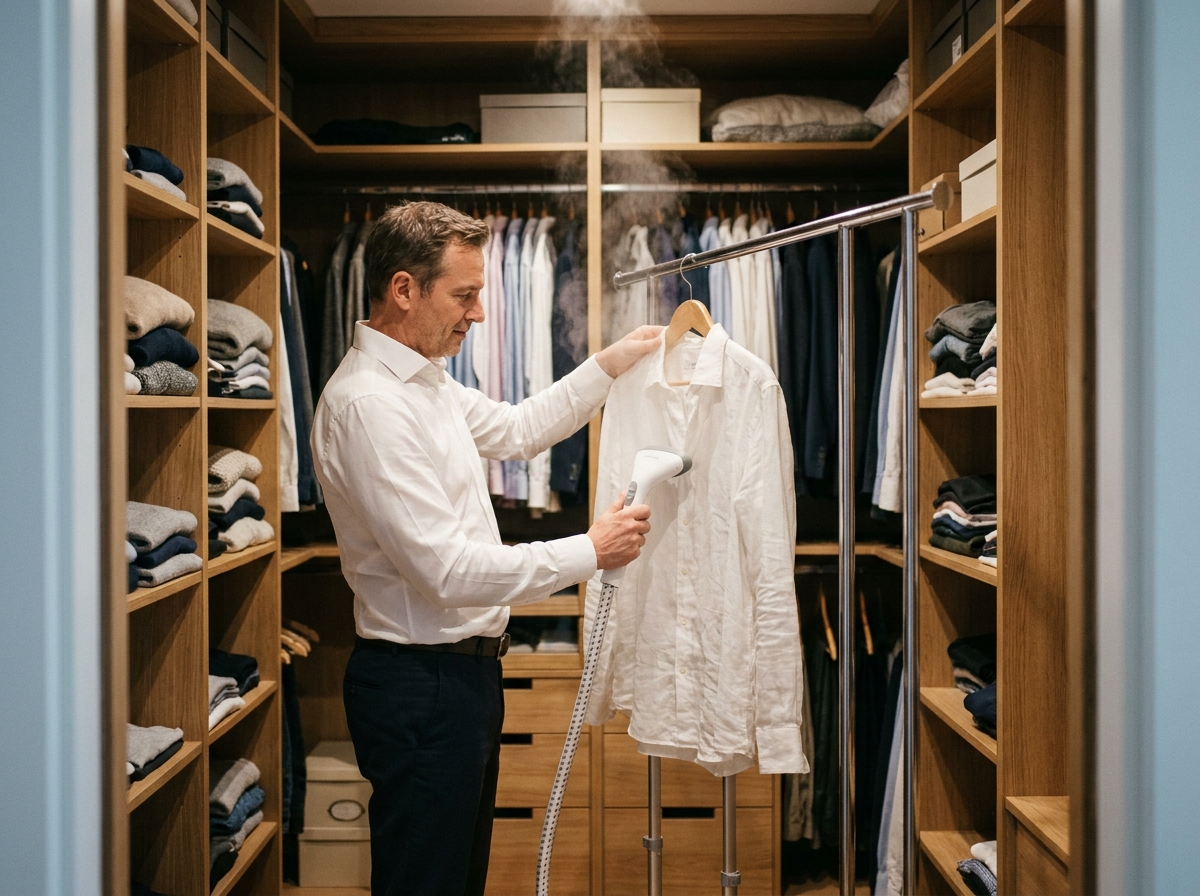 Homme repassant une chemise blanche avec un défroisseur vapeur vertical dans un dressing bien organisé