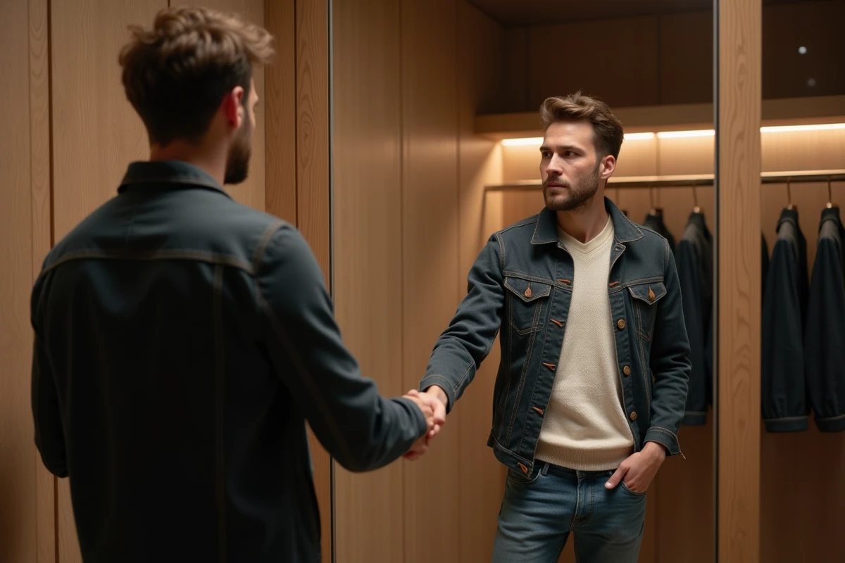 Homme ajustant un manteau dans une cabine d