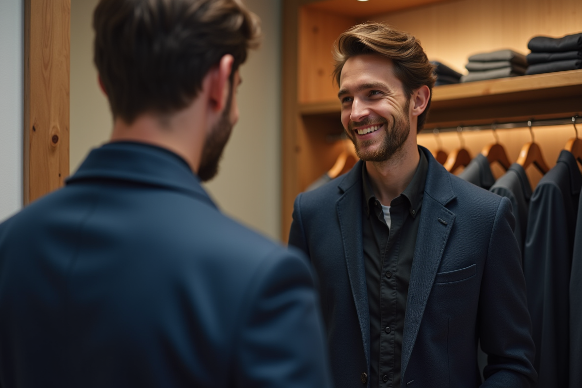 Homme essayant une veste bleue dans une boutique minimaliste