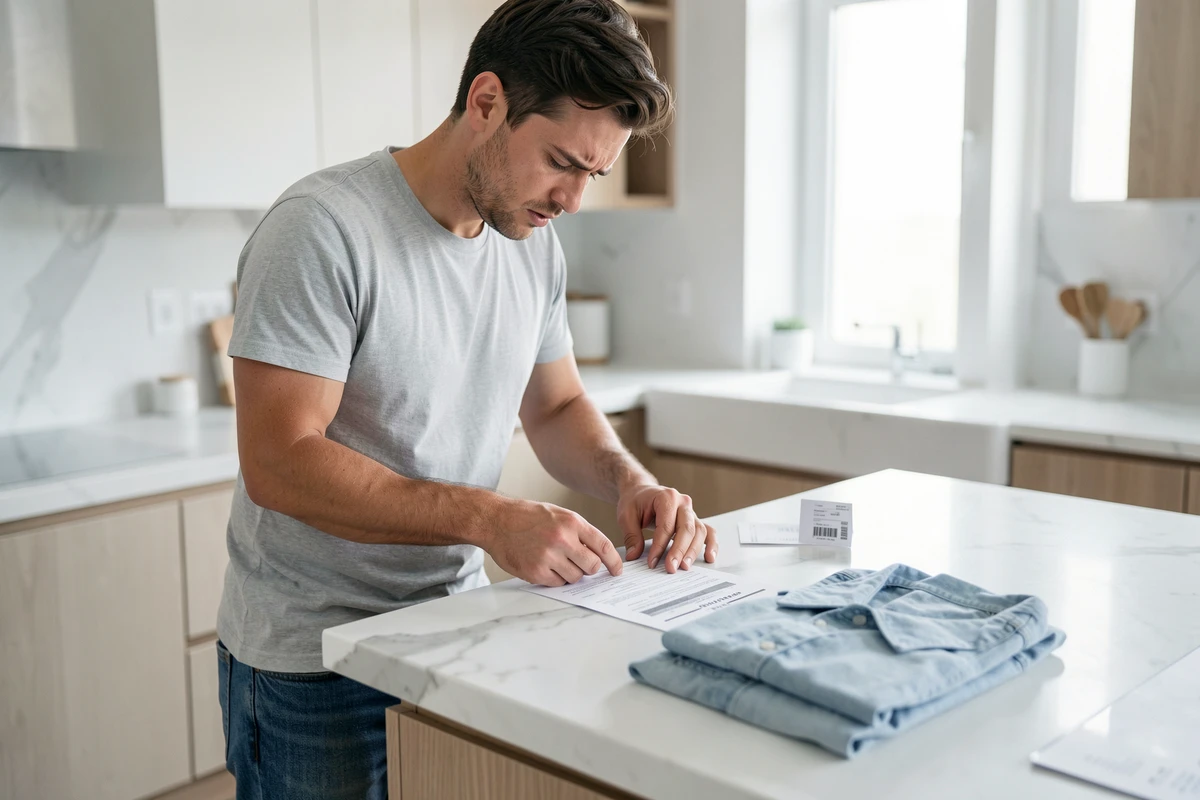 Homme remplissant un formulaire de retour de commande vêtement sur un comptoir de cuisine moderne