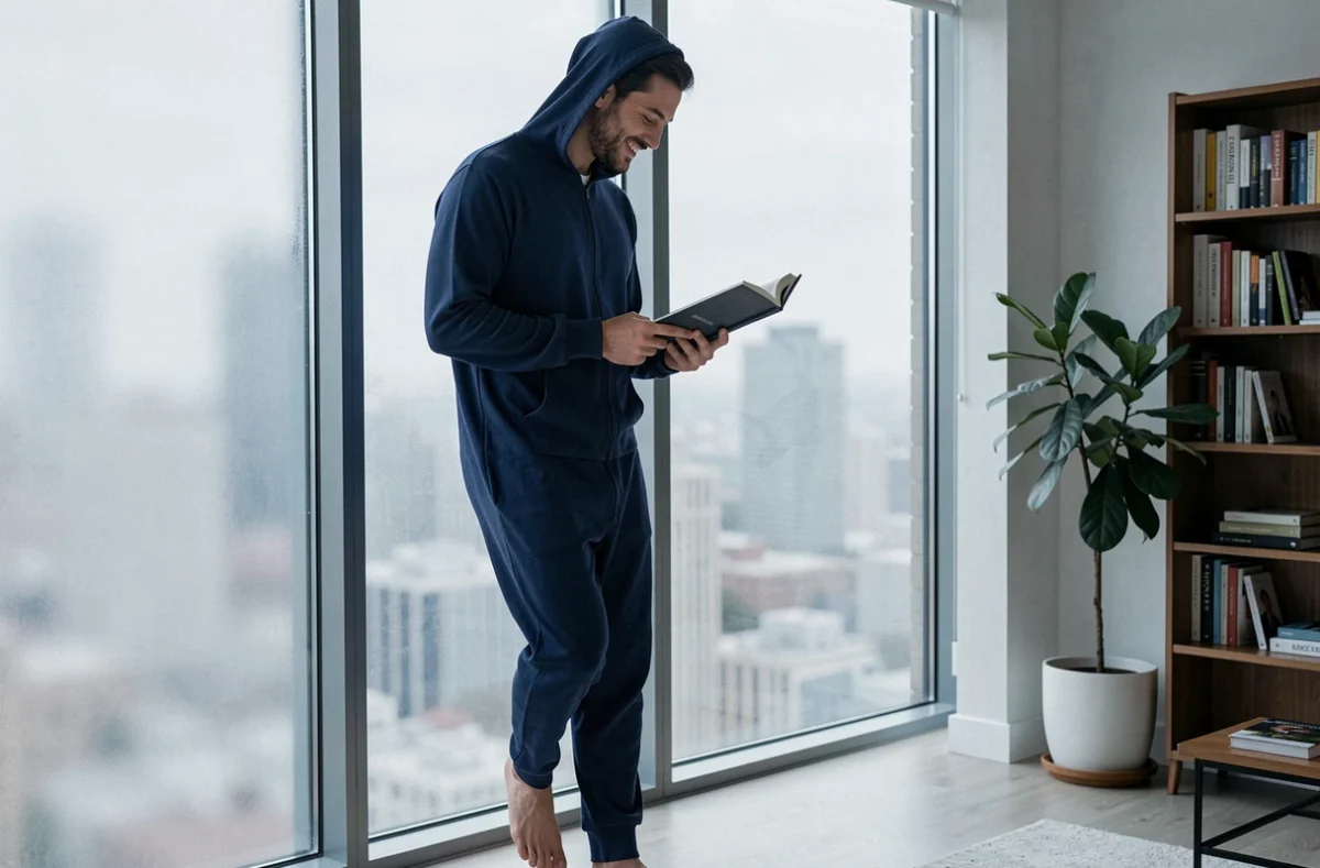 Homme en grenouillère bleu marine debout près d'une fenêtre avec un livre, pyjama une pièce élégant pour soirée décontractée