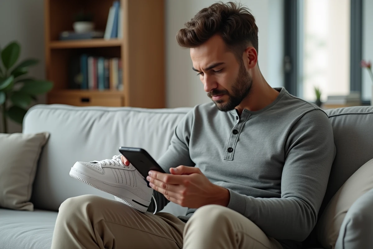 Homme comparant la pointure d'une Adidas avec un guide des tailles sur smartphone à domicile