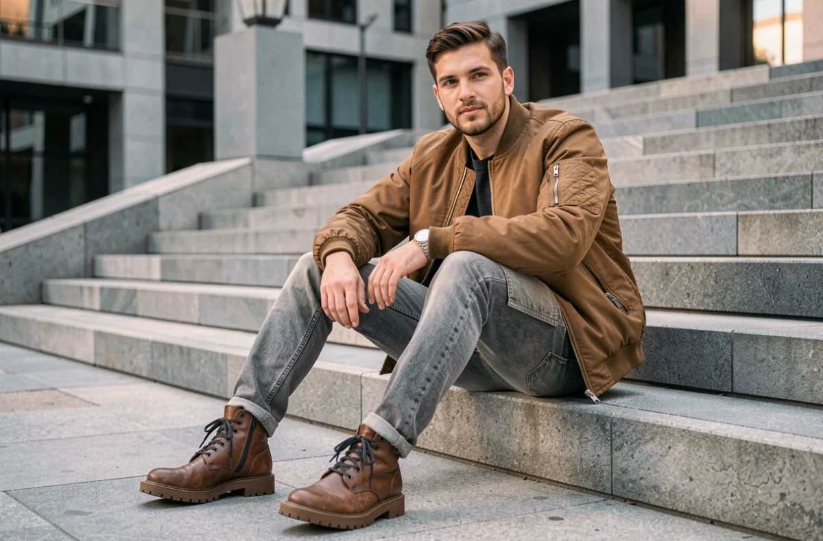 Homme assis sur des marches urbaines en jean cargo gris et bomber jacket, style transition slim streetwear