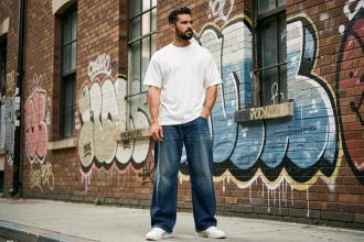 Homme en jean streetwear large indigo et t-shirt blanc devant un mur urbain graffiti