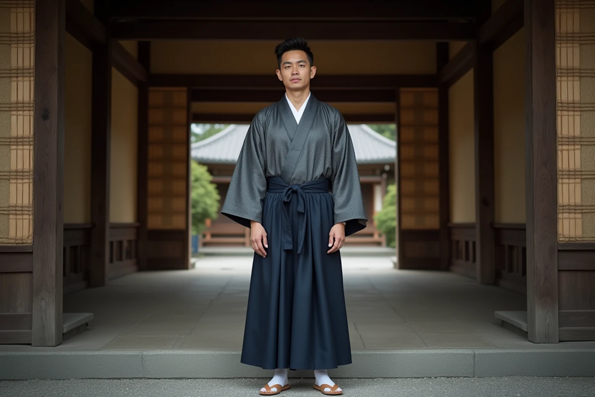 Homme en kimono japonais traditionnel gris et hakama marine debout devant un sanctuaire en bois, tenue formelle portée correctement