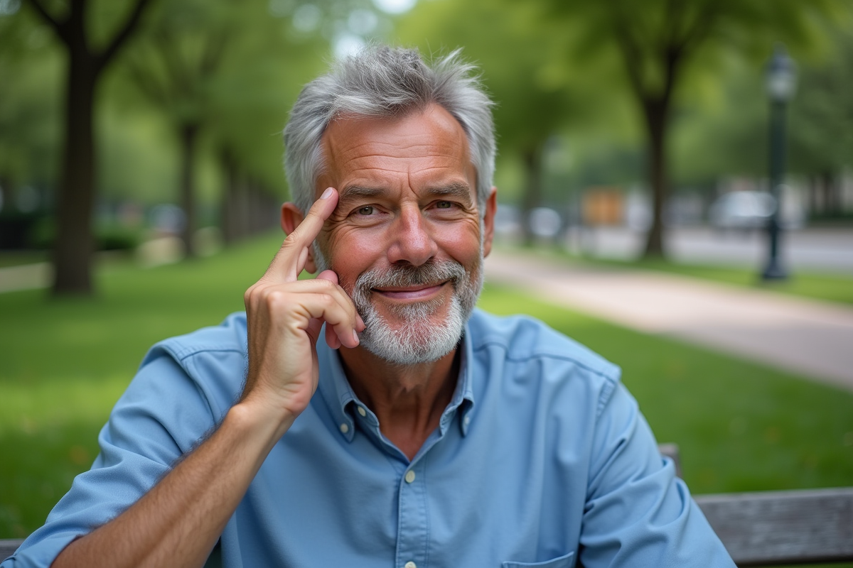 Homme se massant le visage en plein air dans un parc