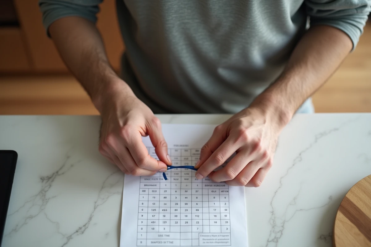 Jeune homme mesurant son doigt avec un fil bleu