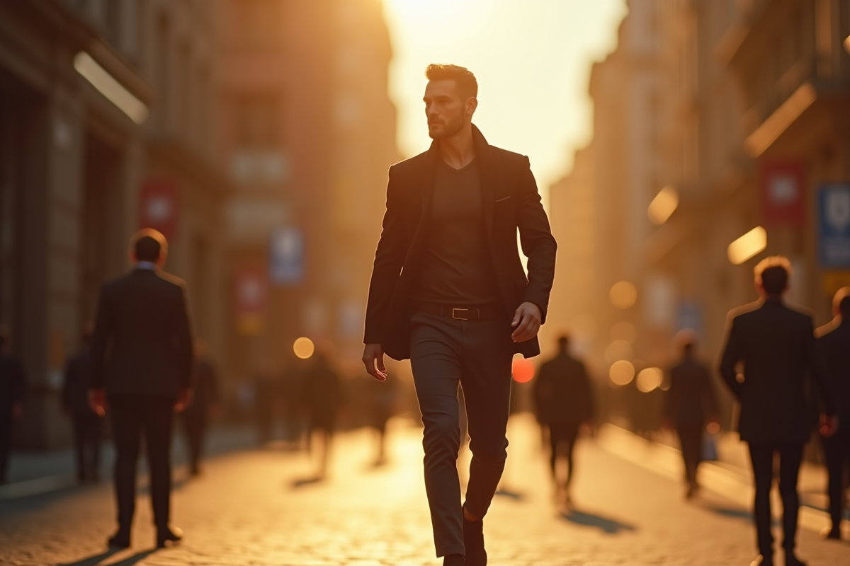 Homme habillé marchant dans la ville lors du golden hour avec tenue selon la règle 1/3 2/3
