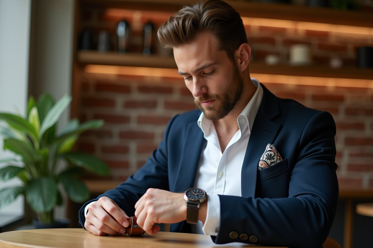 Homme regardant sa montre dans un café cosy