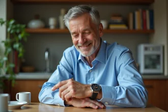 Homme d'âge moyen examine une montre vintage dans une cuisine lumineuse