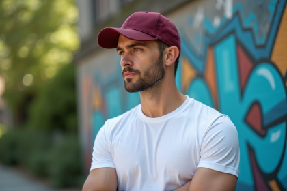 Jeune homme en t-shirt blanc et casquette bordeaux devant un mur coloré