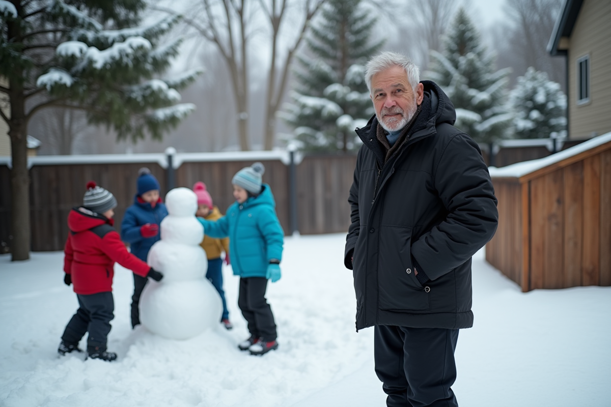 Homme en manteau noir avec enfants construisant un bonhomme de neige